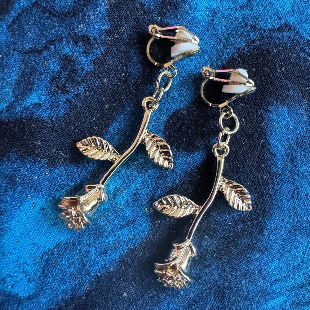Gold Stem Rose Clip-On Earrings
